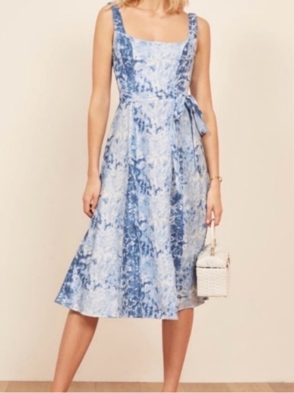 REFORMATION Garten linen midi wrap dress in shirobi tie dye print size xs